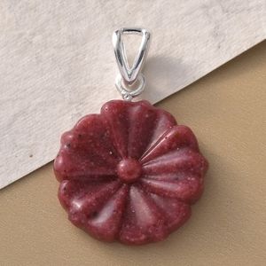 NEW Constituted Thulite Carved Floral Pendant in Sterling Silver